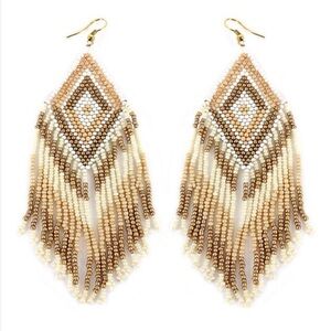 Neutral Tri-Tone Diamond Fringe Beaded Earrings | Statement Boho Drop